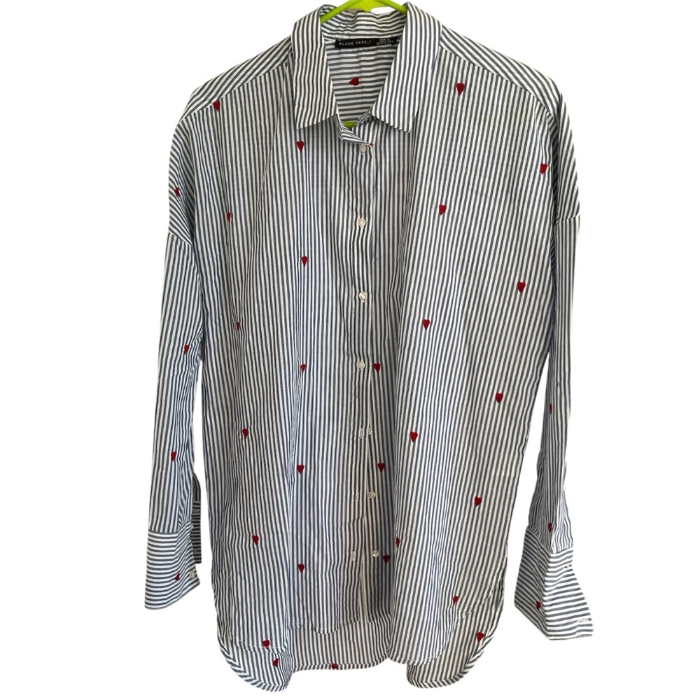 Striped Button Down Shirt with Red Hearts
